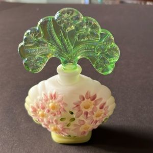 Fenton glass green/white perfume bottle with stopper